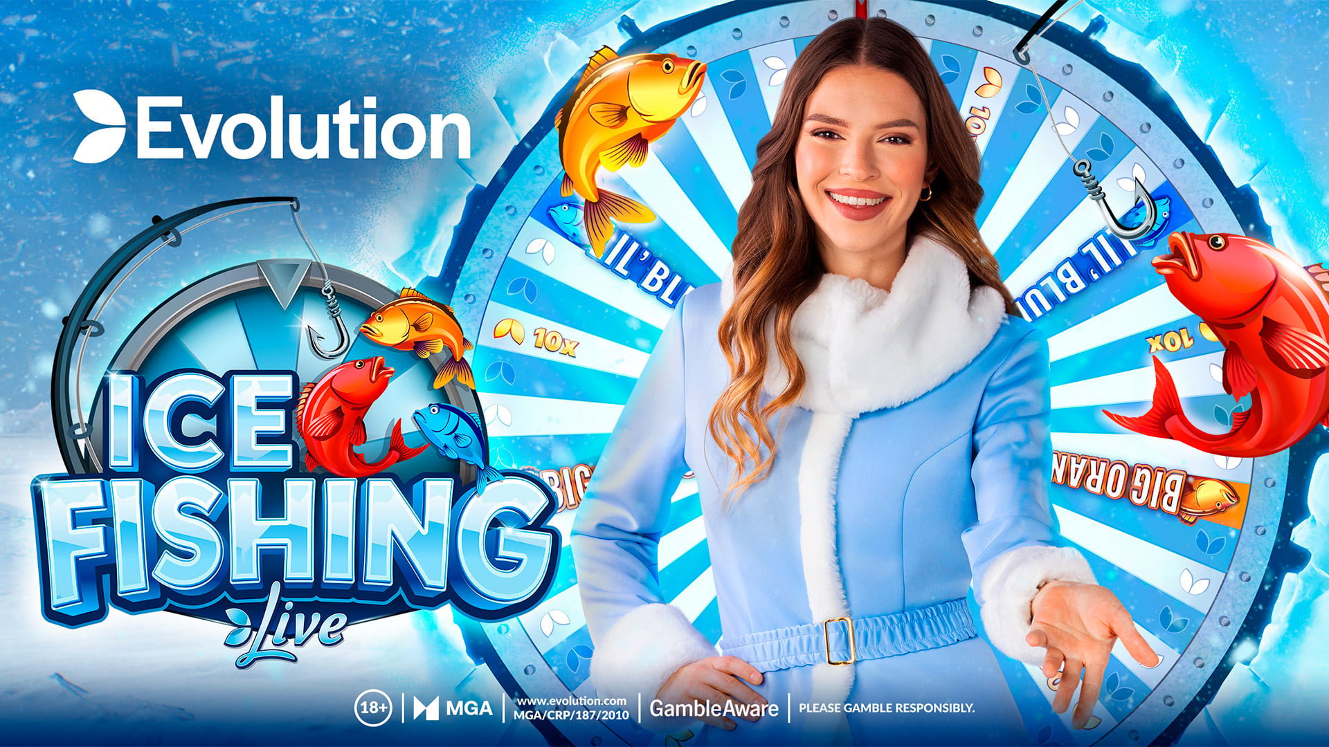 Ice Fishing Live by Evolution Gaming — presenter beside the illuminated ice wheel