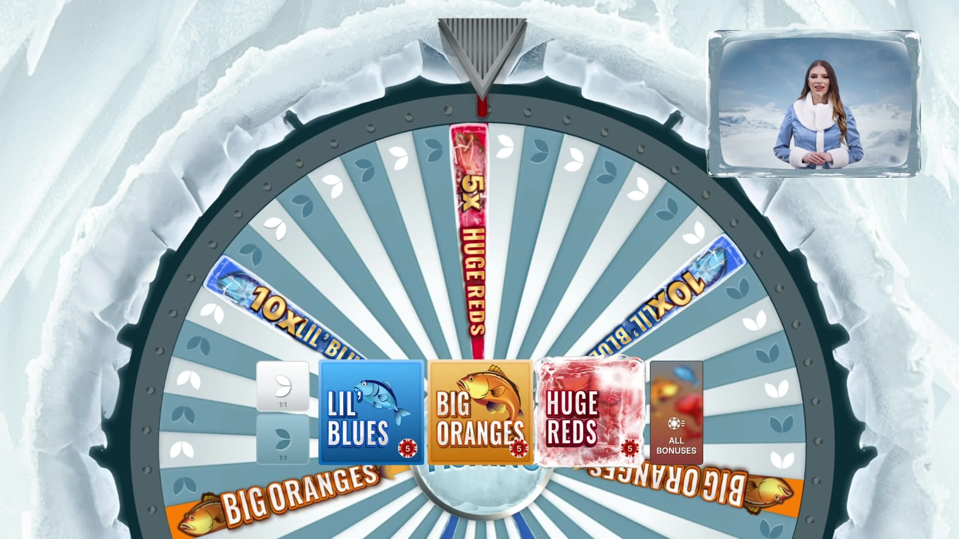 Ice Fishing wheel showing Big Oranges bonus segments